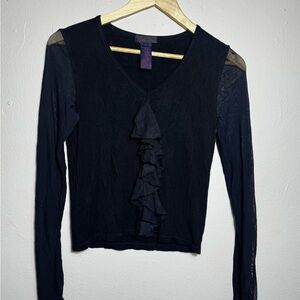 Vintage Ralph Lauren Black Sheer-Sleeve Ruffle V-Neck Top plaid tag Medium